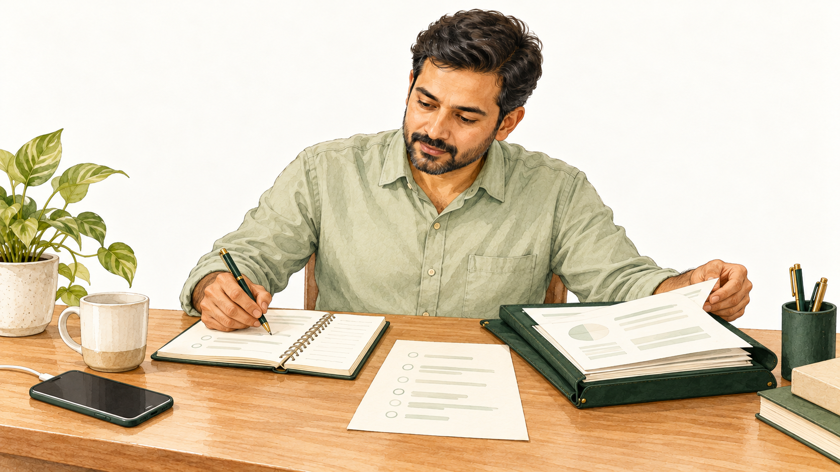 Amit organising reports and a medicine list while writing questions in a notebook before his doctor review.