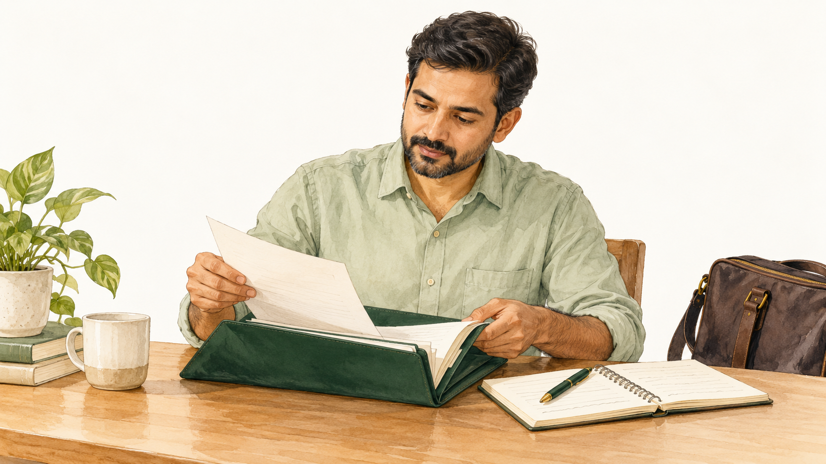 Fictional professional organising a document folder and notebook at his desk.