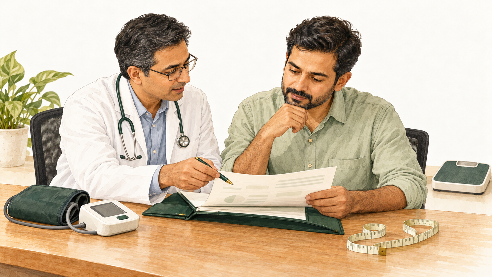 Amit and a physician reviewing a report, with a blood-pressure monitor, weighing scale and measuring tape nearby.
